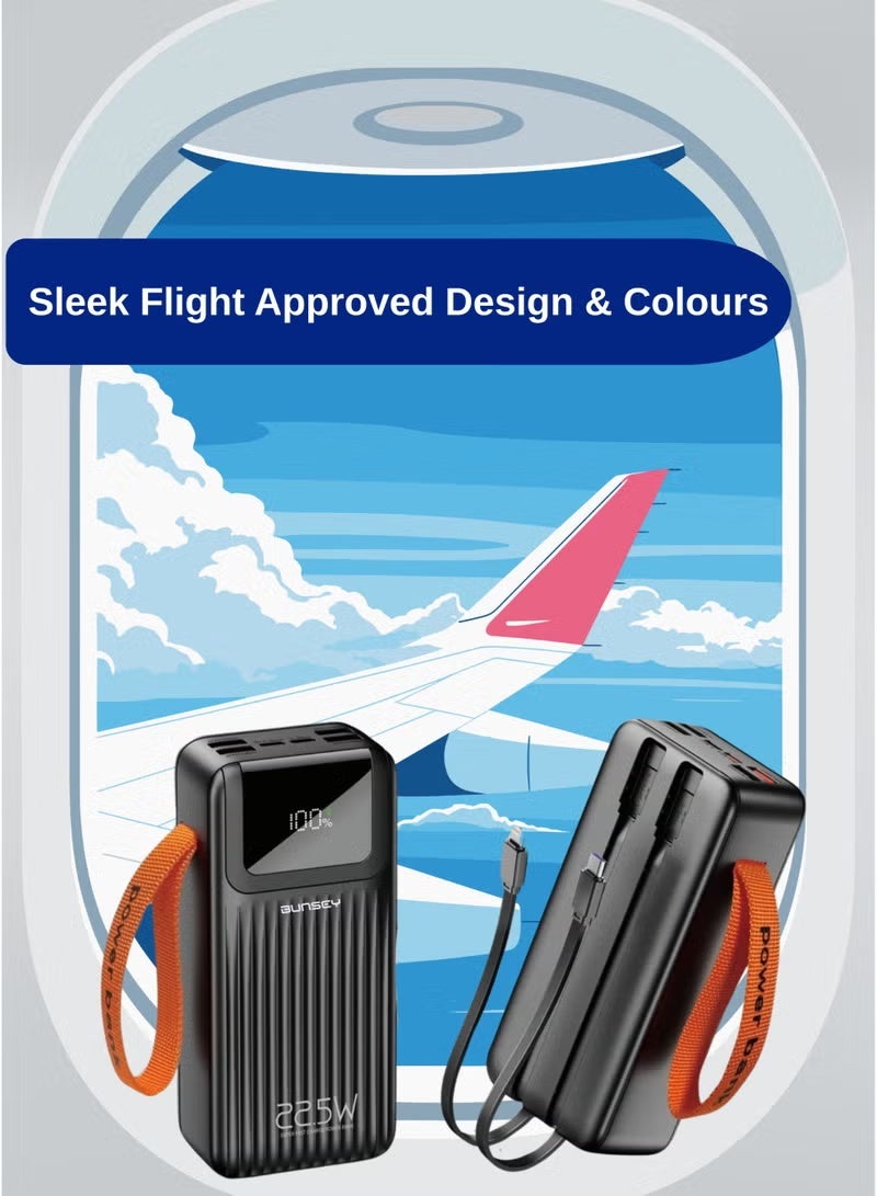 BUNSEY باور بانك 30000 مللي أمبير 22.5 واط شحن سريع مع كابلات مدمجة من نوع C و لايتنينغ، شاشة عرض LCD للبطارية، زر الطاقة، 4 منافذ USB + 2 منافذ PD (5 مخرجات، 1 مدخل)، مقبض خارجي - Image 4